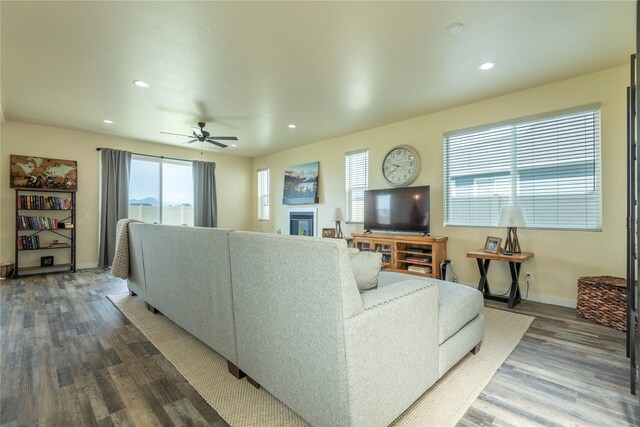 343 Meadow View Loop, East Helena, MT 59635 - living area featuring wood finished floors, a ceiling fan, and recessed lighting