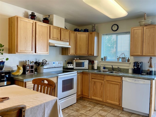 50 Rockefeller Dr, Kalispell, MT 59901 - kitchen featuring white appliances, under cabinet range hood, and stone finish floors