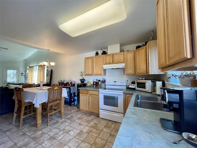 50 Rockefeller Dr, Kalispell, MT 59901 - kitchen featuring white electric range oven, a chandelier, light stone finish floors, under cabinet range hood, and lofted ceiling