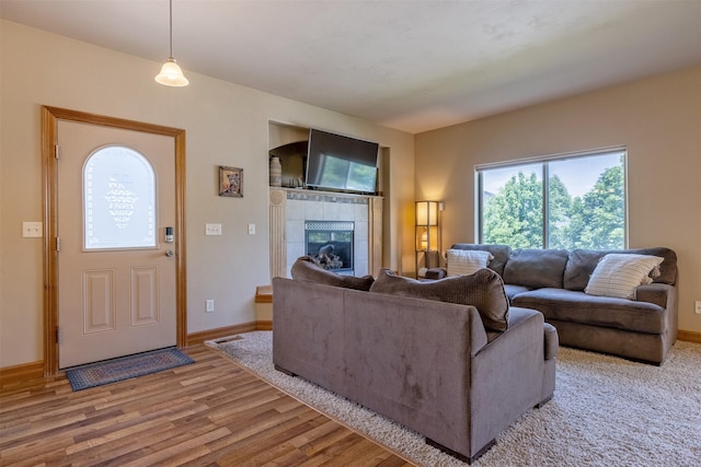 310 Barney St Unit B, Helena, MT 59602 - living room featuring a tile fireplace and wood finished floors