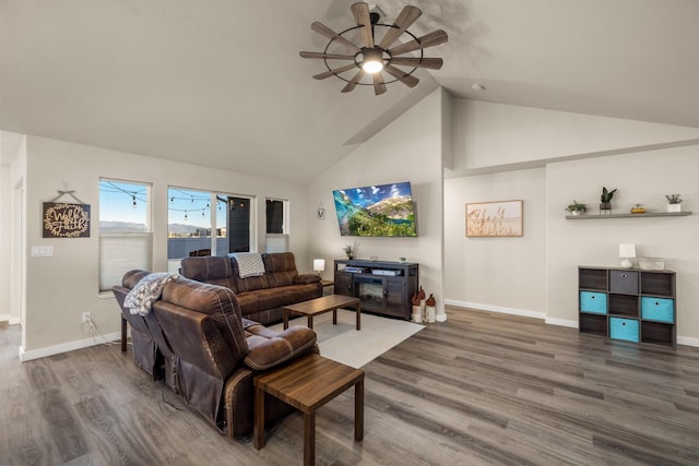 546 Sparrow Rd, Kalispell, MT 59901 - living room featuring ceiling fan, wood finished floors, and high vaulted ceiling