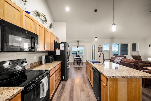 546 Sparrow Rd, Kalispell, MT 59901 - kitchen featuring black appliances, light wood finished floors, open floor plan, a kitchen island with sink, and light stone countertops