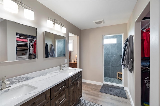 132 Skyview Ln, Polson, MT 59860 - bathroom featuring wood finished floors, double vanity, a walk in closet, and a walk in shower