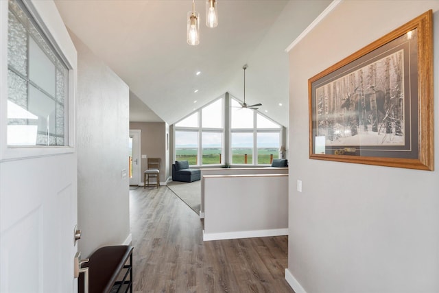 132 Skyview Ln, Polson, MT 59860 - corridor with wood finished floors and high vaulted ceiling