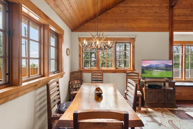 14980 Mt Highway 35, Bigfork, MT 59911 - dining space featuring vaulted ceiling, wood ceiling, a chandelier, healthy amount of natural light, and wood finished floors