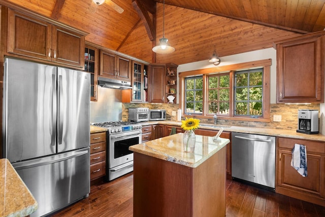 14980 Mt Highway 35, Bigfork, MT 59911 - kitchen with stainless steel appliances, under cabinet range hood, open shelves, wood ceiling, and dark wood-style flooring