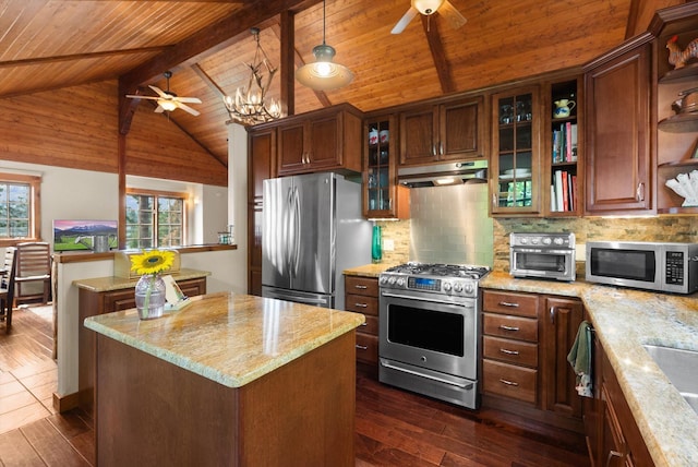 14980 Mt Highway 35, Bigfork, MT 59911 - kitchen with appliances with stainless steel finishes, a ceiling fan, wood ceiling, a kitchen island, and open shelves