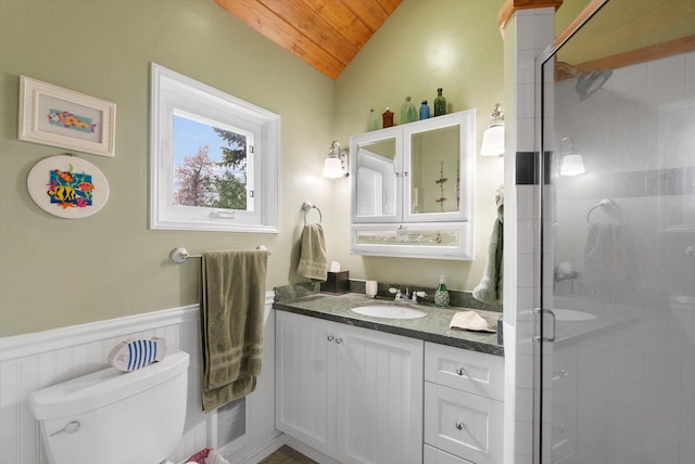 14980 Mt Highway 35, Bigfork, MT 59911 - bathroom with vanity, lofted ceiling, a stall shower, wooden ceiling, and a wainscoted wall