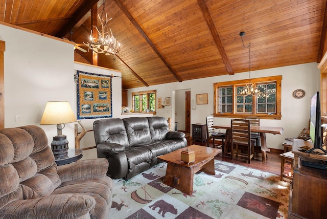 14980 Mt Highway 35, Bigfork, MT 59911 - living room with a chandelier, wooden ceiling, and wood finished floors