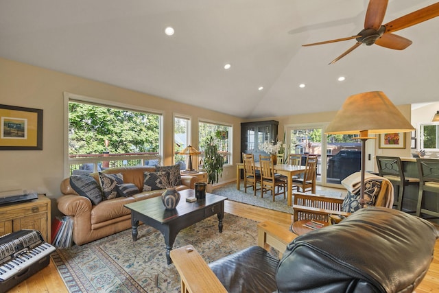35AND33 Lakeside Ave, Lakeside, MT 59922 - living area with recessed lighting, wood finished floors, ceiling fan, and vaulted ceiling