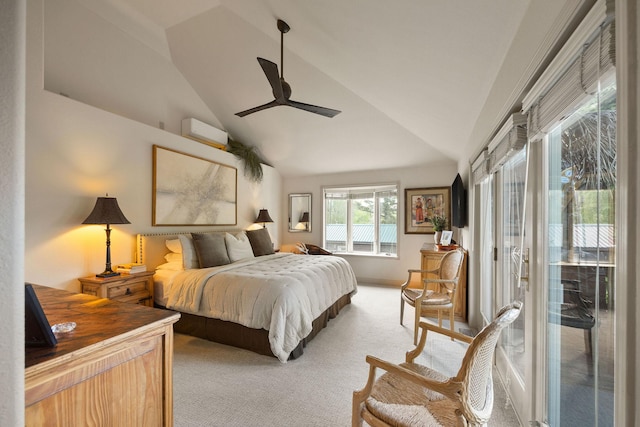 35AND33 Lakeside Ave, Lakeside, MT 59922 - bedroom featuring carpet, lofted ceiling, access to outside, and ceiling fan