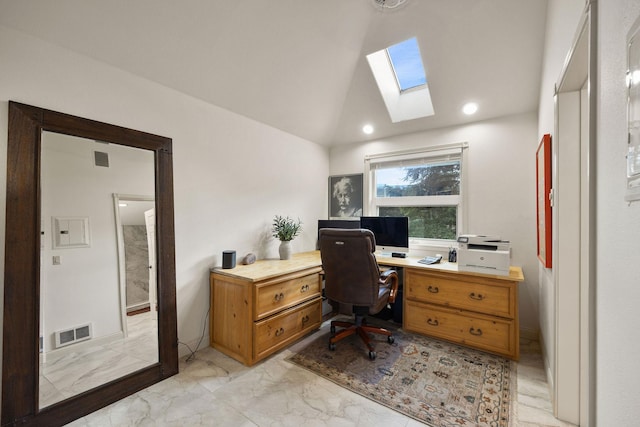 35AND33 Lakeside Ave, Lakeside, MT 59922 - home office with a skylight, light marble finish flooring, vaulted ceiling, and recessed lighting