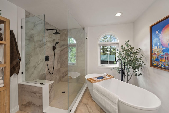35AND33 Lakeside Ave, Lakeside, MT 59922 - full bathroom featuring a marble finish shower, a soaking tub, and marble finish flooring