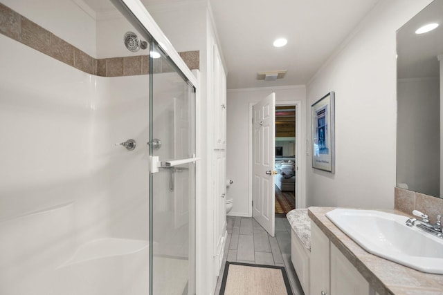 35AND33 Lakeside Ave, Lakeside, MT 59922 - bathroom with a stall shower, vanity, crown molding, ensuite bath, and recessed lighting