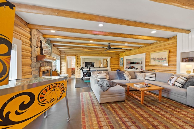 35AND33 Lakeside Ave, Lakeside, MT 59922 - living area featuring recessed lighting, log walls, a ceiling fan, wood finished floors, and beam ceiling