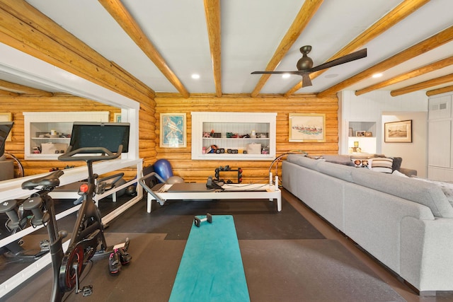 35AND33 Lakeside Ave, Lakeside, MT 59922 - exercise room featuring ceiling fan, rustic walls, and recessed lighting