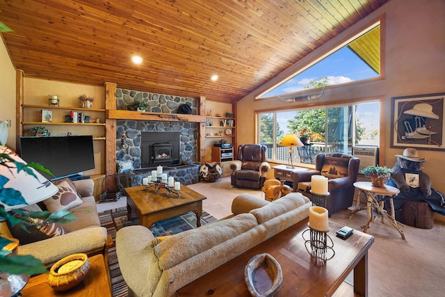 35AND33 Lakeside Ave, Lakeside, MT 59922 - carpeted living room with wooden ceiling, high vaulted ceiling, recessed lighting, and cooling unit