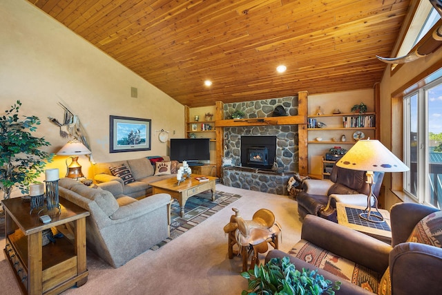 35AND33 Lakeside Ave, Lakeside, MT 59922 - living room with lofted ceiling, wooden ceiling, carpet, built in shelves, and a fireplace