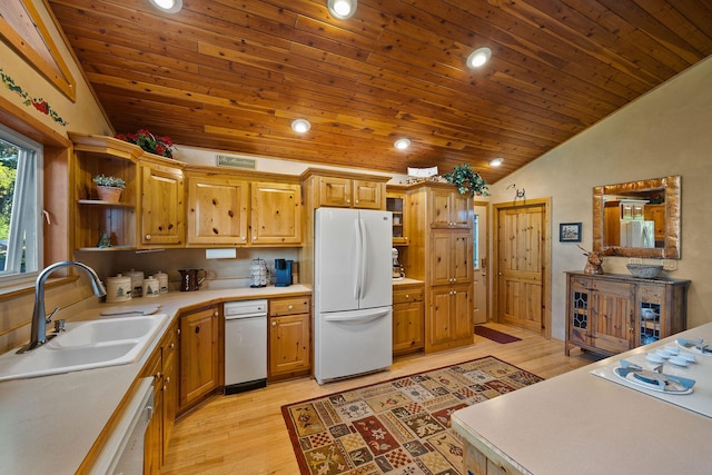 35AND33 Lakeside Ave, Lakeside, MT 59922 - kitchen featuring freestanding refrigerator, lofted ceiling, open shelves, wooden ceiling, and light wood-style flooring
