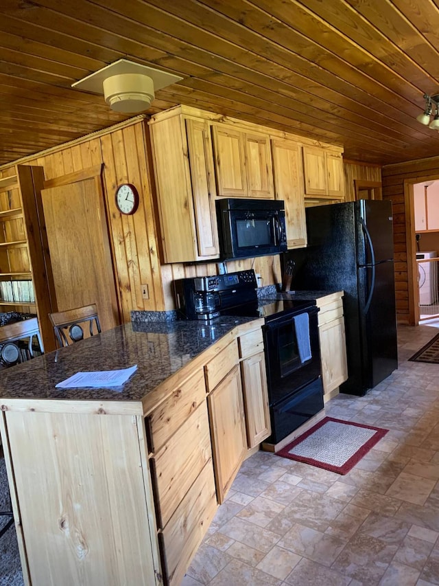 8325 Thunder Rd, Lincoln, MT 59639 - kitchen featuring black appliances, wood ceiling, wooden walls, a peninsula, and light brown cabinets