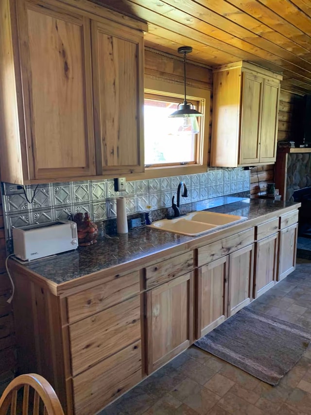 8325 Thunder Rd, Lincoln, MT 59639 - kitchen featuring wood ceiling, stone finish flooring, tasteful backsplash, and decorative light fixtures
