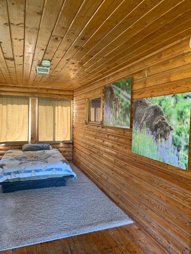 8325 Thunder Rd, Lincoln, MT 59639 - bedroom featuring wooden ceiling, hardwood / wood-style flooring, and wooden walls