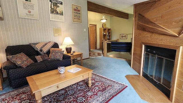 122 Fairway Blvd, Kalispell, MT 59901 - living room with beamed ceiling and carpet flooring