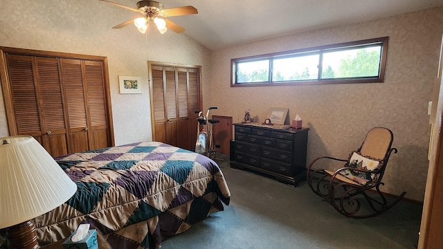 122 Fairway Blvd, Kalispell, MT 59901 - bedroom with multiple closets, lofted ceiling, carpet flooring, and ceiling fan