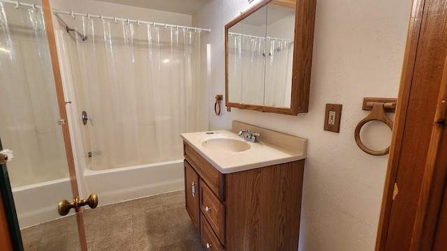 21439 Rollins Lakeshore Dr, Rollins, MT 59931 - bathroom featuring vanity, shower / tub combo, and a textured wall