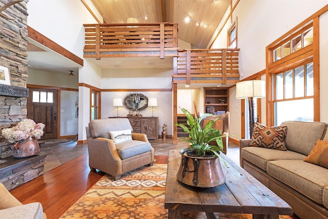 349 Harlan Creek Rd, Hamilton, MT 59840 - living area featuring high vaulted ceiling and wooden ceiling