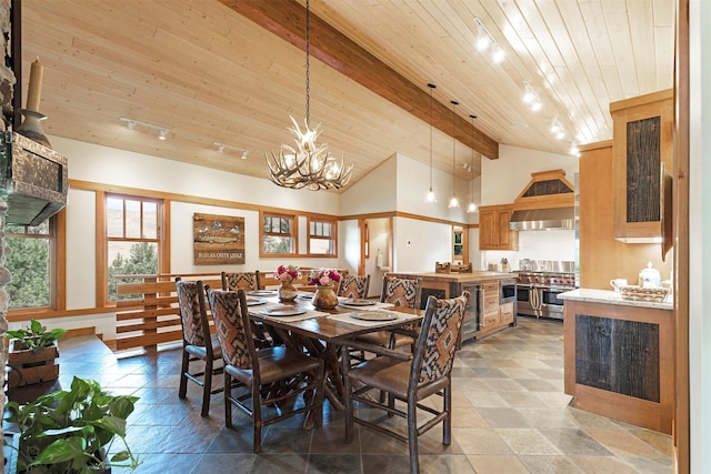 349 Harlan Creek Rd, Hamilton, MT 59840 - dining space featuring wooden ceiling, beverage cooler, and a chandelier