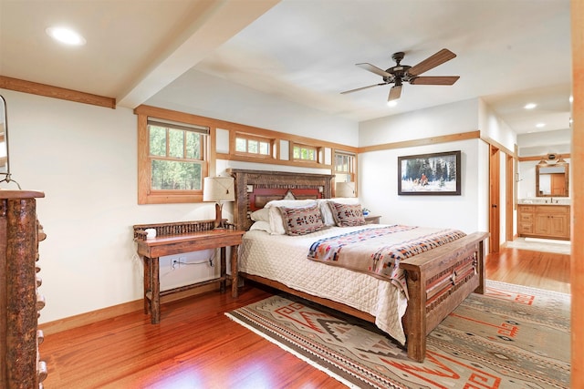 349 Harlan Creek Rd, Hamilton, MT 59840 - bedroom featuring wood finished floors, recessed lighting, beamed ceiling, and ceiling fan