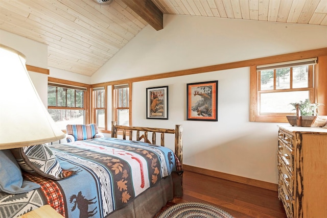 349 Harlan Creek Rd, Hamilton, MT 59840 - bedroom with wood finished floors, multiple windows, a wooden ceiling with exposed beams, and high vaulted ceiling