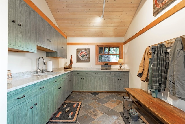 349 Harlan Creek Rd, Hamilton, MT 59840 - kitchen featuring stone tile flooring, vaulted ceiling, and wooden ceiling