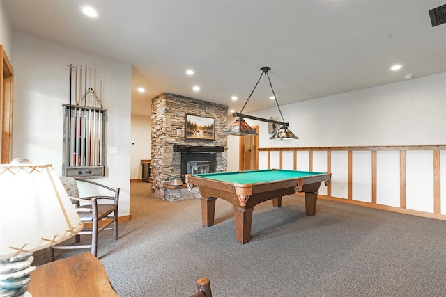 349 Harlan Creek Rd, Hamilton, MT 59840 - game room featuring carpet floors, a stone fireplace, recessed lighting, and billiards table