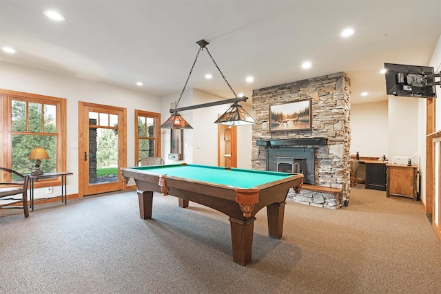 349 Harlan Creek Rd, Hamilton, MT 59840 - playroom featuring carpet, recessed lighting, a fireplace, and billiards table