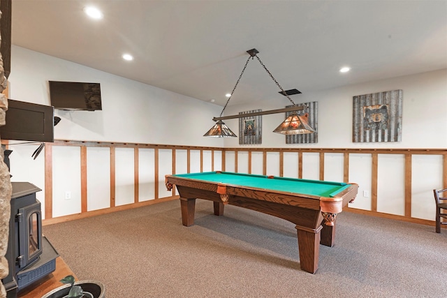 349 Harlan Creek Rd, Hamilton, MT 59840 - recreation room featuring a wood stove, carpet flooring, recessed lighting, and pool table