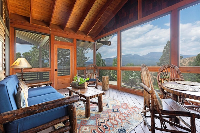 349 Harlan Creek Rd, Hamilton, MT 59840 - sunroom with wood-type flooring, a mountain view, and wooden ceiling