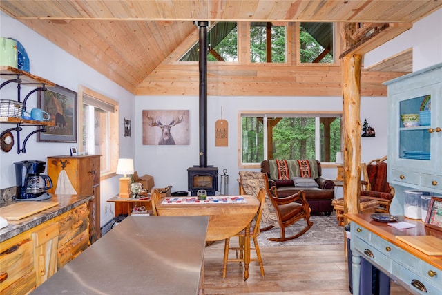716 Kootenai River Rd, Troy, MT 59935 - dining area featuring wooden ceiling, a wood stove, light wood finished floors, and high vaulted ceiling