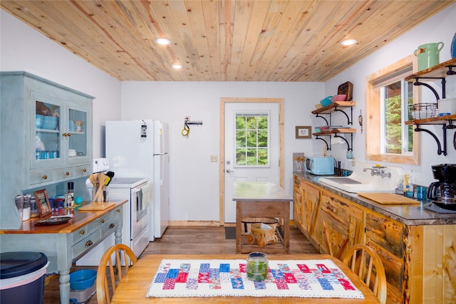 716 Kootenai River Rd, Troy, MT 59935 - kitchen featuring open shelves, wood finished floors, white appliances, wood ceiling, and recessed lighting