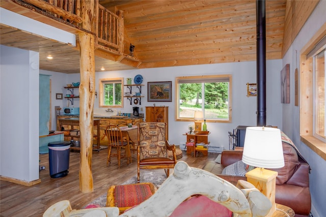 716 Kootenai River Rd, Troy, MT 59935 - living area featuring wood ceiling, lofted ceiling, healthy amount of natural light, wood finished floors, and a wood stove