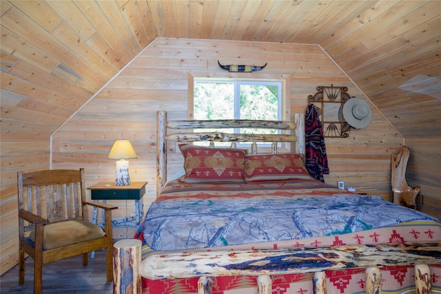 716 Kootenai River Rd, Troy, MT 59935 - bedroom featuring wood ceiling, wooden walls, and vaulted ceiling