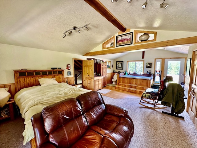 17 Twenty Peak Gulch Ln, Trout Creek, MT 59874 - bedroom featuring a textured ceiling, lofted ceiling, and light carpet