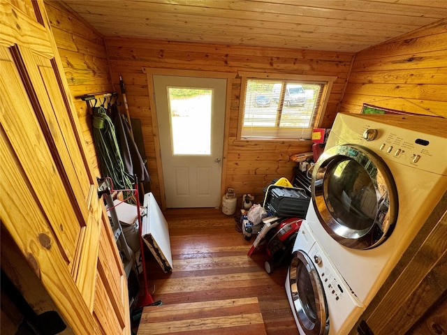 17 Twenty Peak Gulch Ln, Trout Creek, MT 59874 - laundry room featuring wooden walls, wooden ceiling, hardwood / wood-style floors, and stacked washing machine and dryer