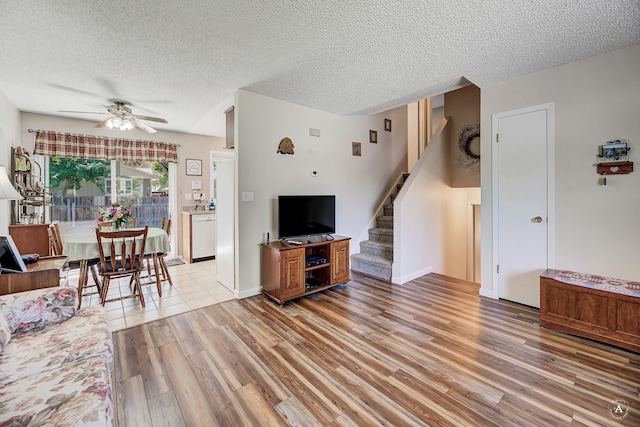 3875 Kiki Dr Unit 3875, Helena, MT 59602 - living room with ceiling fan, light wood-type flooring, stairs, and a textured ceiling