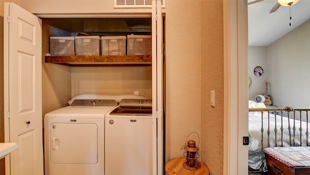 5530 Creekstone Dr Unit 6, Missoula, MT 59808 - washroom with washer and dryer, ceiling fan, and a textured wall