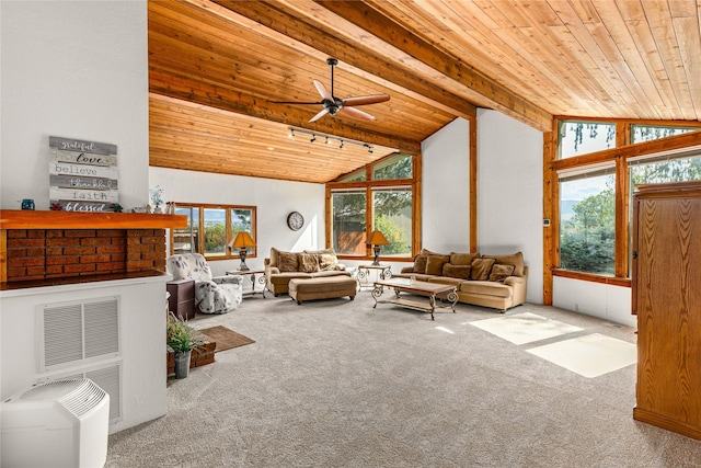 4291 Williams Ln, Stevensville, MT 59870 - carpeted living area with wooden ceiling and a ceiling fan