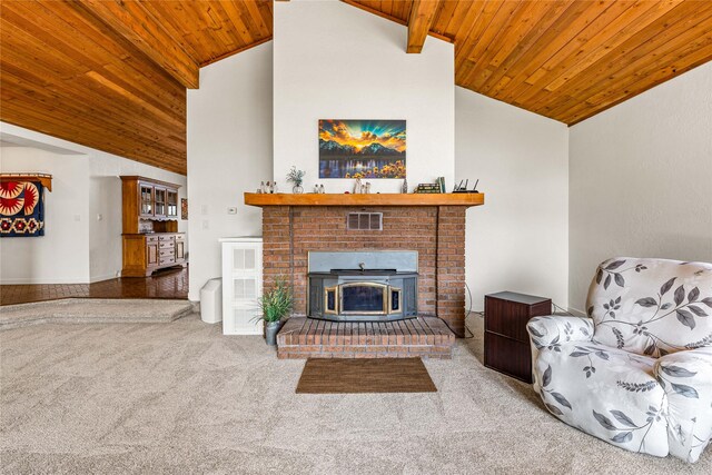 4291 Williams Ln, Stevensville, MT 59870 - carpeted living room with wooden ceiling, a brick fireplace, and high vaulted ceiling