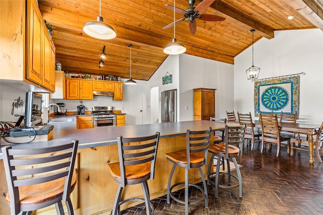 4291 Williams Ln, Stevensville, MT 59870 - kitchen with appliances with stainless steel finishes, under cabinet range hood, a ceiling fan, a wood ceiling with exposed beams, and a peninsula
