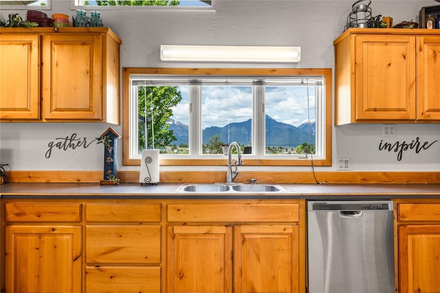 4291 Williams Ln, Stevensville, MT 59870 - kitchen with stainless steel dishwasher, brown cabinets, and a mountain view